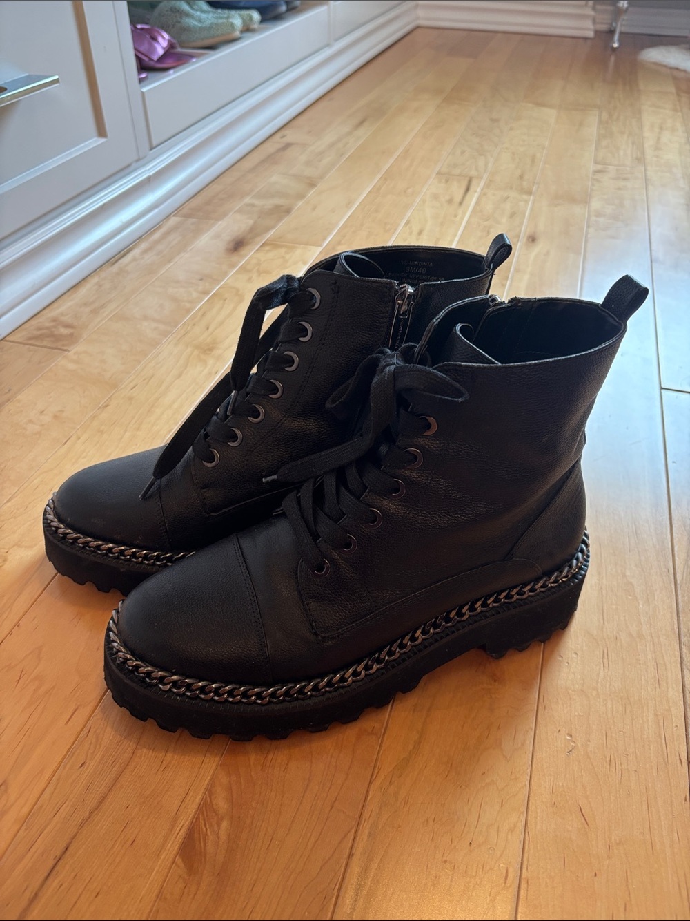 Vince Camuto Black Leather Lace-Up Ankle Boots with Chain Trim